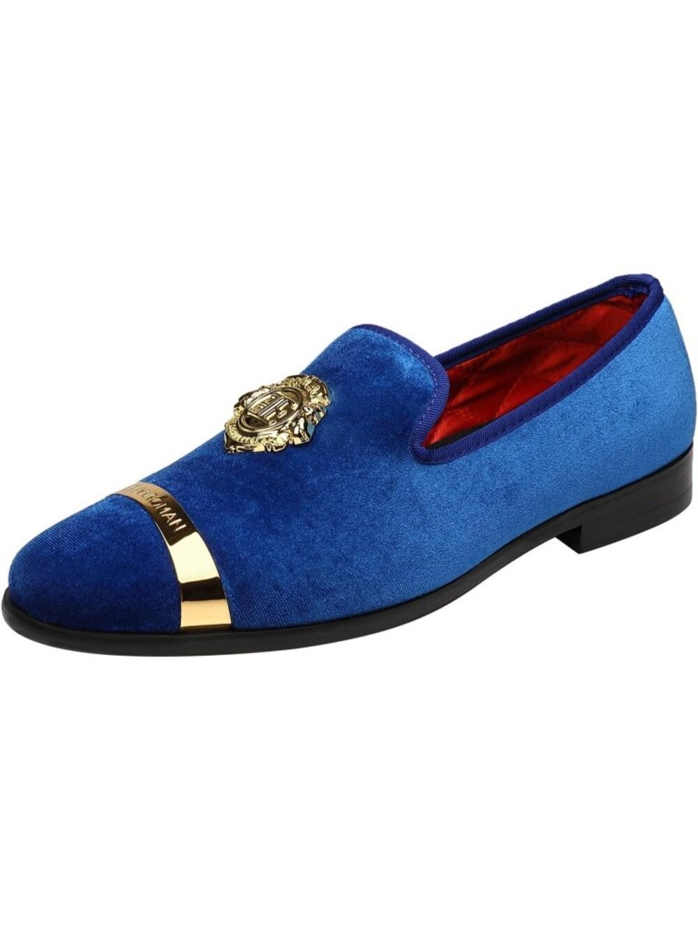 ELANROMAN Men's Blue Velvet Loafers Dress Gold Buckle Wedding Party Prom Shoes